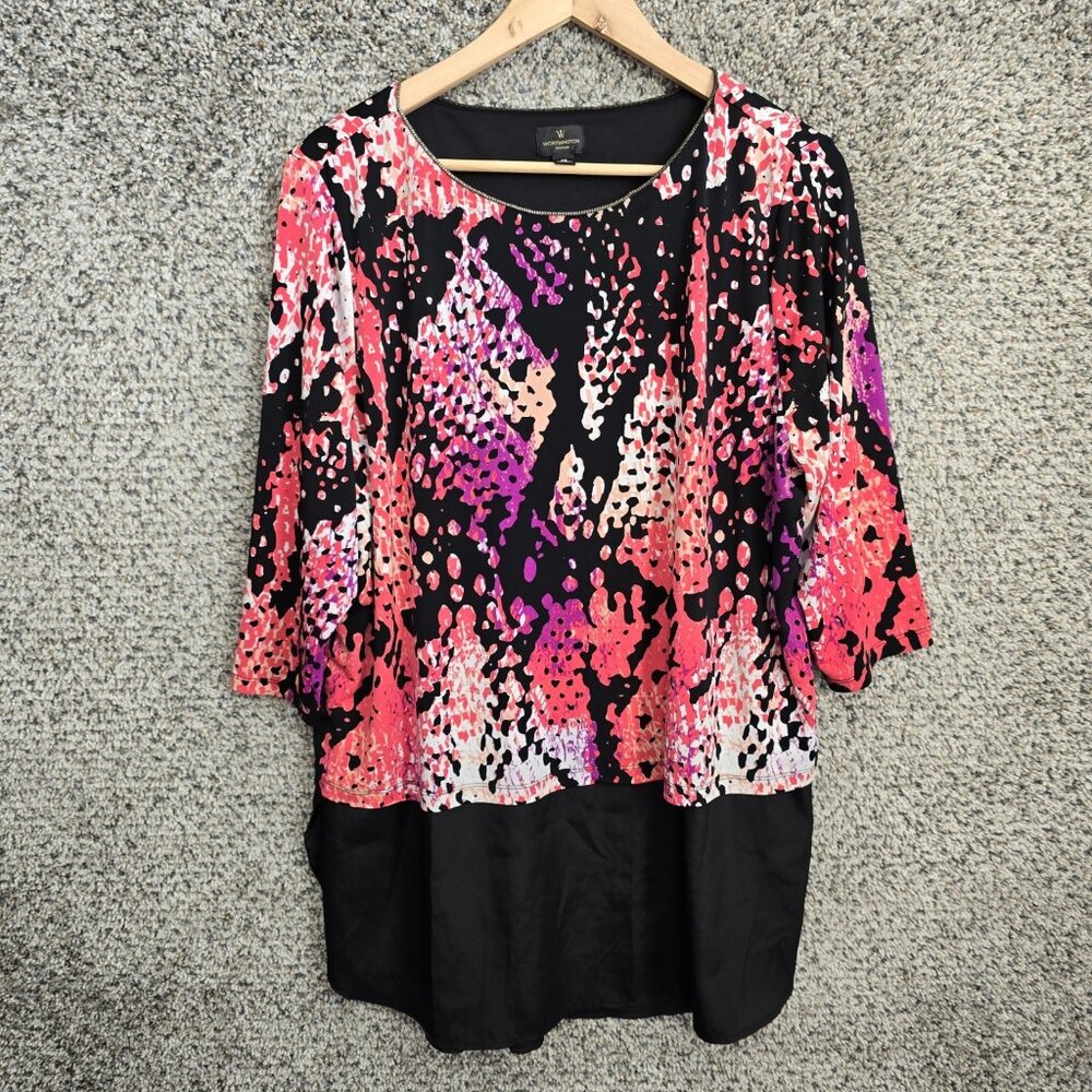 Worthington Top Womens Plus 1X Pink Purple Scoop Neck Tunic Stretch Casual